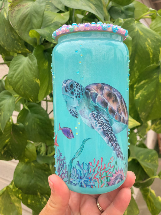 Sea Turtle Aqua Glitter Beaded Glass RTS