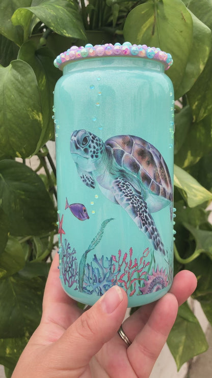 Sea Turtle Aqua Glitter Beaded Glass RTS